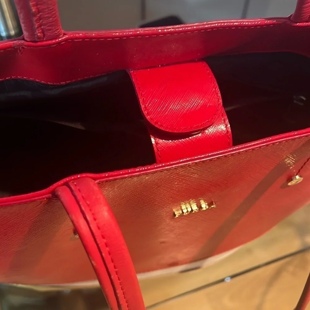 Furla Melissa Leather Tote Shoulder Bag Red White Gold